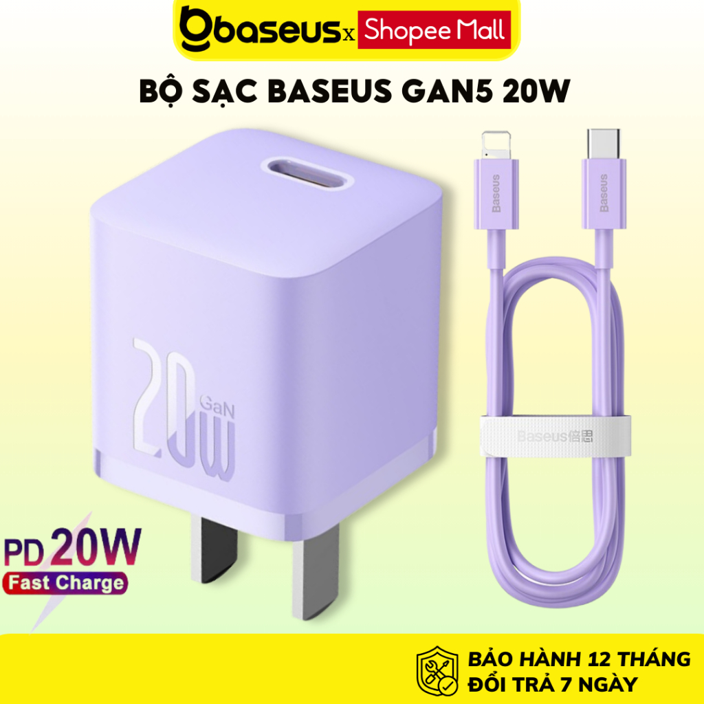 Combo Bộ sạc nhanh 20W Baseus Gan5 siêu nhỏ chống quá tải nhiệt cho Iphone 14 12 13 11 Promax