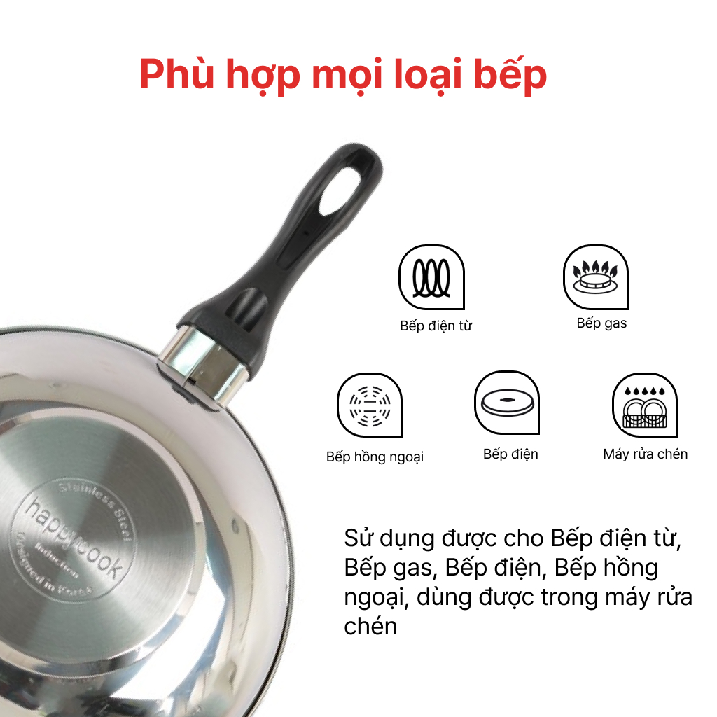 Chảo Sâu Inox  3 đáy chống dính 28cm, HAPPYCOOK, HLWP-28IH