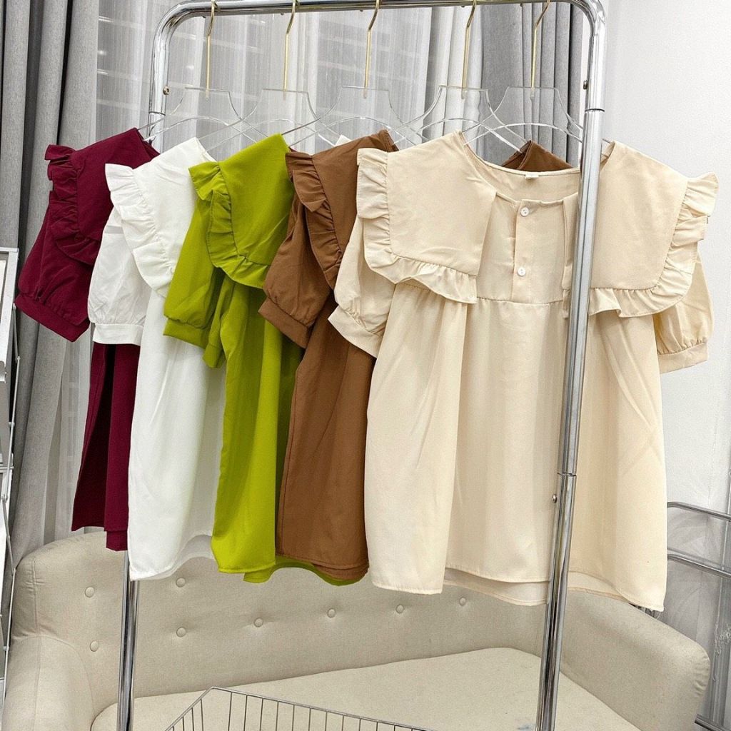 Áo babydoll cổ tròn bánh bèo vuông cộc tay