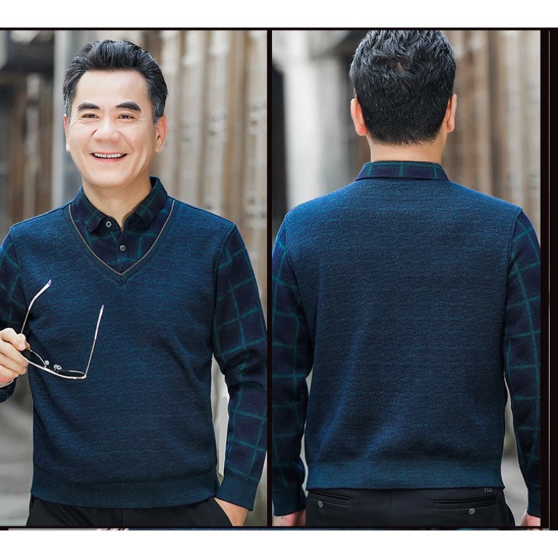 ÁO LEN LÓT LÔNG KẺ NGANG CỔ PHỐI SƠ MI CHO BỐ