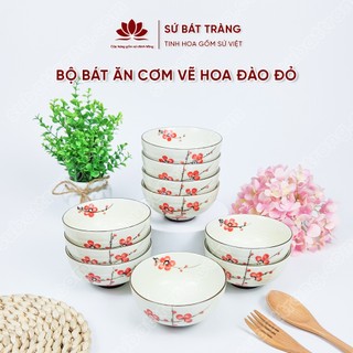 Bộ bát ăn cơm vẽ hoa đào đỏ sứ bát tràng đẹp - bộ 10 và 6 bát