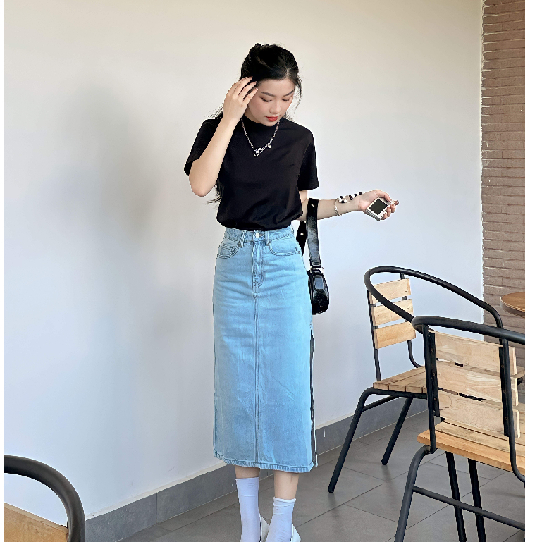 Chân váy jean xẻ tà HEYBEE 2 màu - MIDI JEANS SKIRT HJ1345