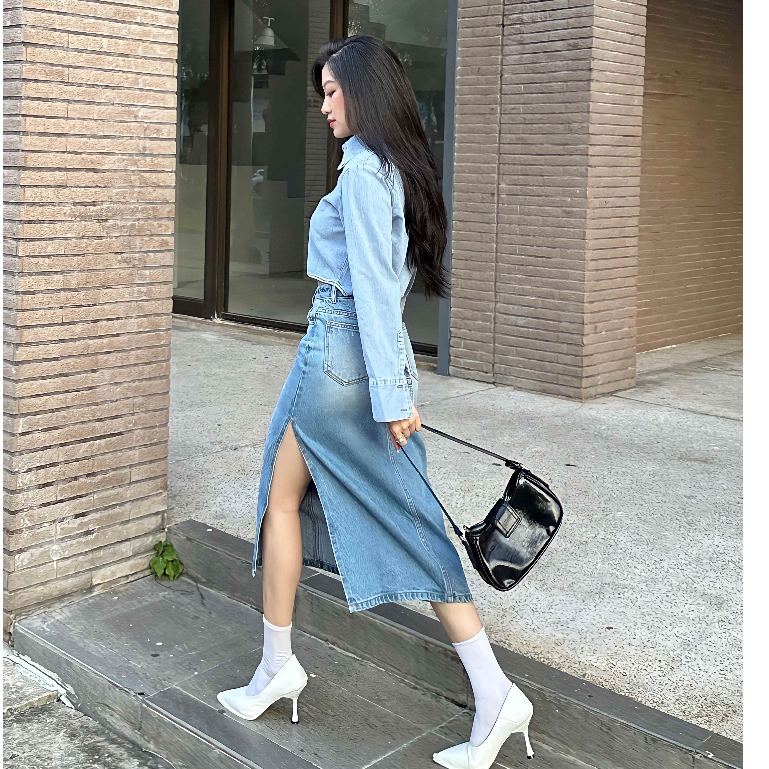 Chân váy jean xẻ tà HEYBEE 2 màu - MIDI JEANS SKIRT HJ1345