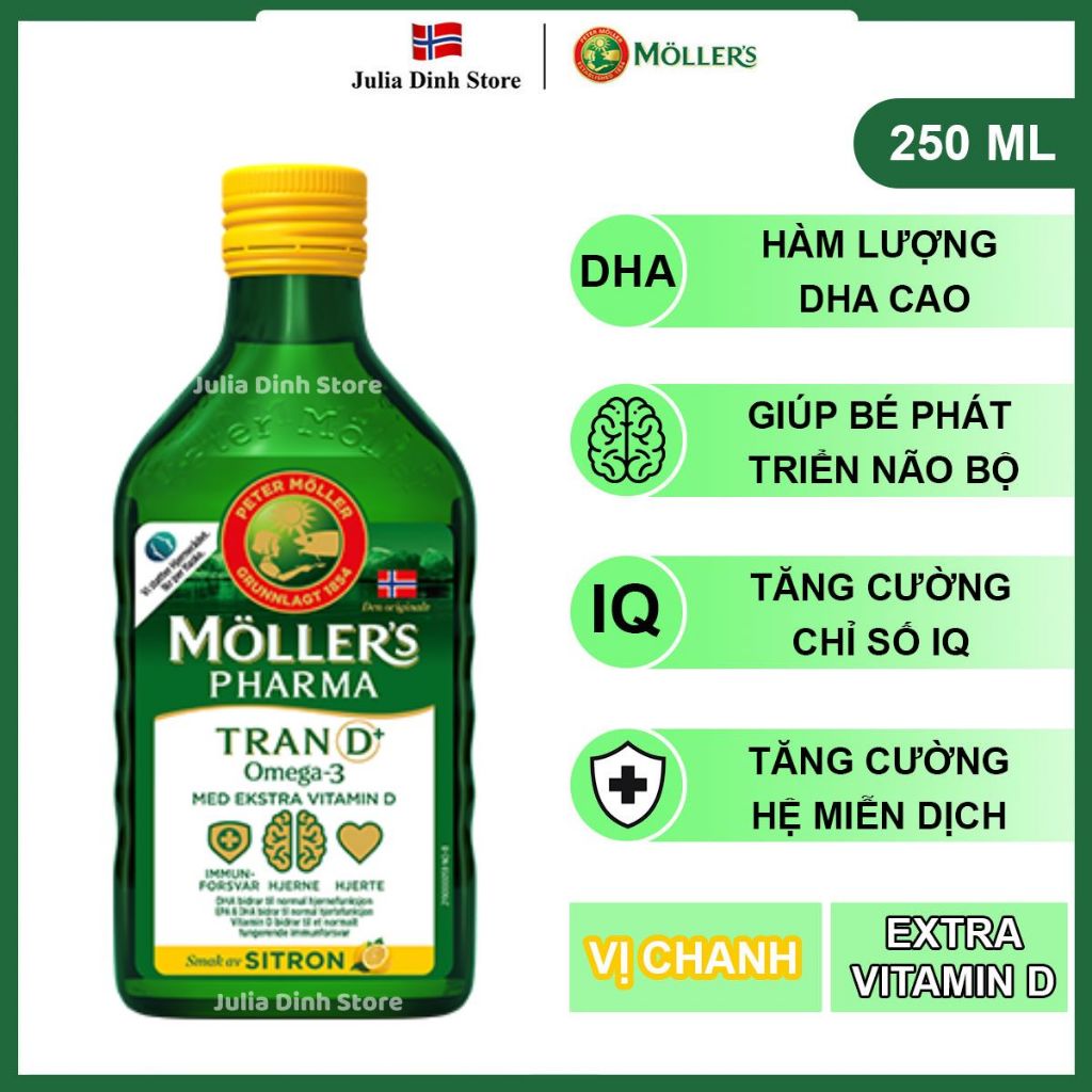 Dầu gan cá tuyết Omega 3 MOLLERS Pharma Tran D+ nội địa Na Uy (250ml) - Hương vị chanh