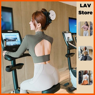 Áo tập gym yoga dài tay có mút đệm, áo dài tay cổ cao hở lưng - LAV Activewear