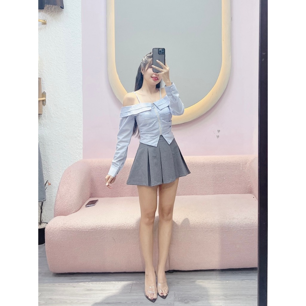 AILLIN CLOTHING | Áo sơ mi hở vai sọc