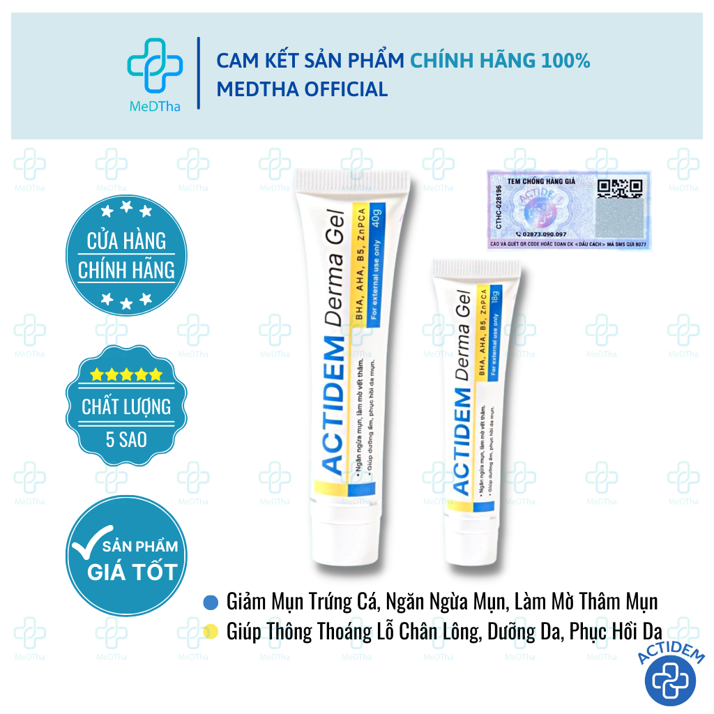 Gel Actidem Derma - Gel Ngừa Mụn, Mờ Thâm, Dưỡng Ẩm, Phục Hồi Da, Dưỡng Da Mịn Màng (Tuýp 18g)