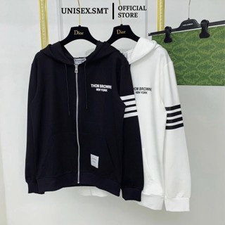 Áo khoác hoodie nỉ nam nữ Thom Browne dập chữ ngực thêu logo túi phối 4 sọc kẻ tay khoá zip kéo cực đẹp KHD07P A86