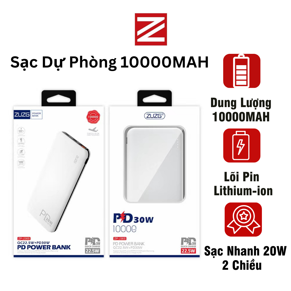 Sạc dự phòng 10000mah 3 dây đa năng chính hãng ZUZG J36S