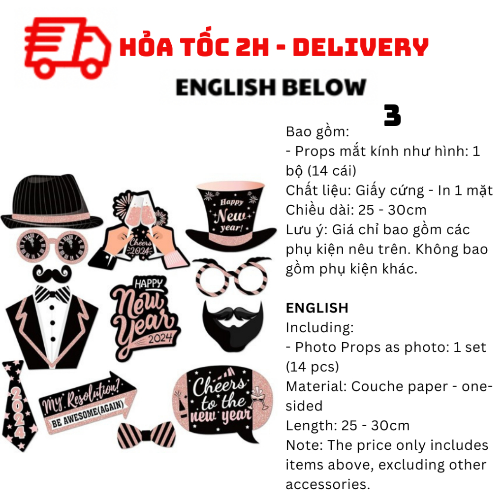 Bộ Phụ Kiện Chụp Hình Năm Mới Photo Props Happy New Year 14 Cái PTK29
