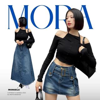 MORSELA chính hãng - Áo croptop nữ tay dài MORA trễ vai cổ yếm phong cách Hàn Quốc