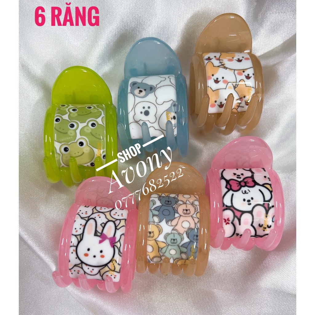 kẹp tóc, bấu tóc càng cua 6 răng in họa tiết thỏ tim gam màu hồng Honey (gắp tròn)