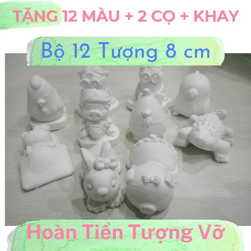 Bộ 12 Tượng Tô Size 8cm TẶNG 12 màu + 2 Cọ + Khay