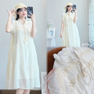 Váy bầu Đầm bầu công sở trắng nơ ngực tiểu thư 2 lớp thoáng mát, mã V027