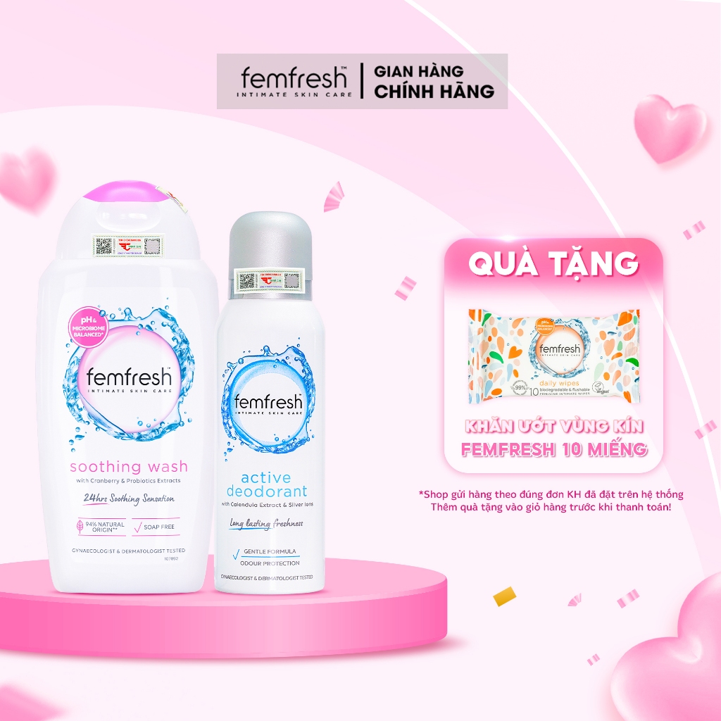 Combo Ngăn Ngừa Các Vấn Đề Phụ Khoa, DDVS Femfresh Soothing Wash & Xịt Thơm Mát Femfresh Deodorant Spray 125ml