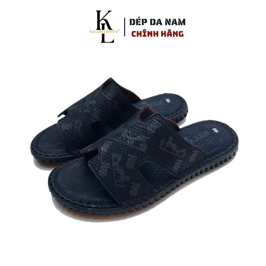 Dép da nam cao cấp da bò thật kalasda quai ngang chữ H, khâu đế chắc chắn in chữ nổi, khắc laze tinh