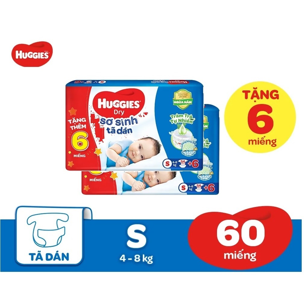 Combo 2 Bịch Tã dán Sơ Sinh Huggies NB70+6/ S54 +6 Miếng ....
