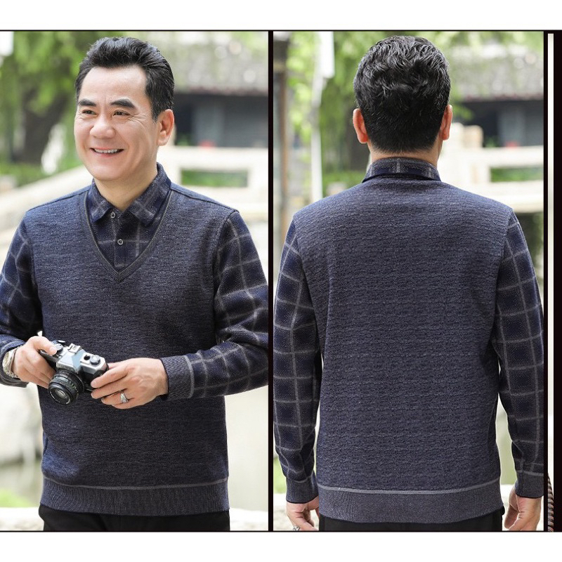 ÁO LEN LÓT LÔNG KẺ NGANG CỔ PHỐI SƠ MI CHO BỐ