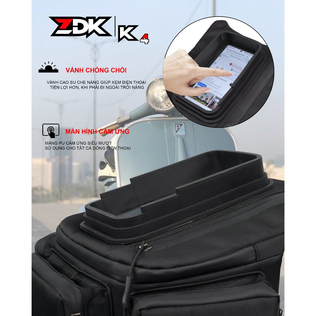 Túi ZDK K4 treo ghi đông, treo đầu xe máy đựng đồ dùng, lướt điện thoại cảm ứng, dung tích lớn, túi dày dặn