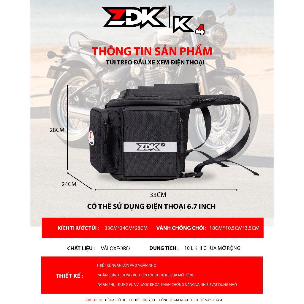 Túi ZDK K4 treo ghi đông, treo đầu xe máy đựng đồ dùng, lướt điện thoại cảm ứng, dung tích lớn, túi dày dặn