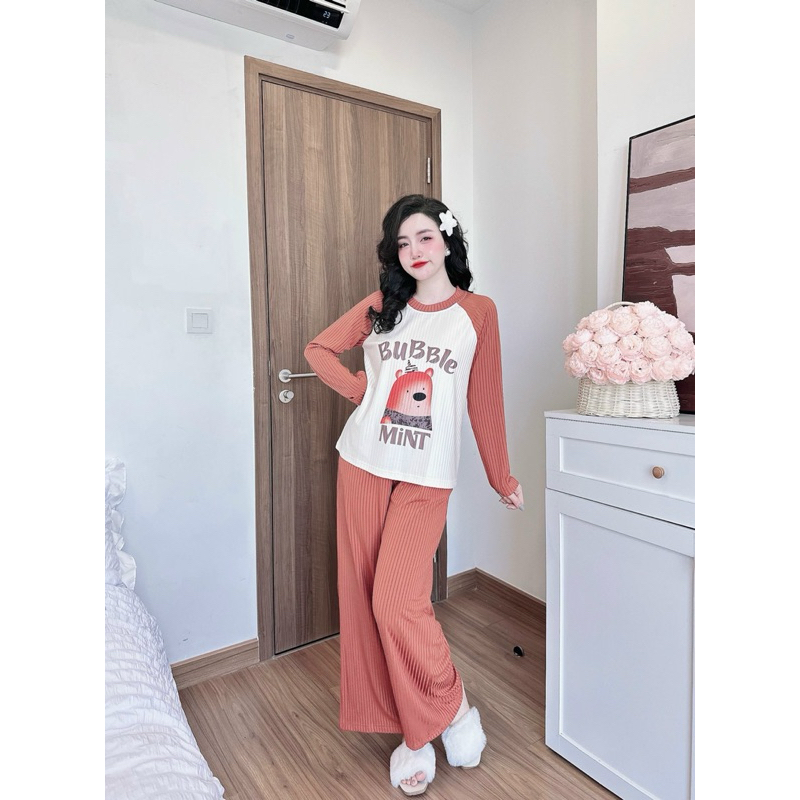 Đồ mặc nhà nữ áo tay dài quần dài cổ tròn chất thun tăm gân mềm mịn mát