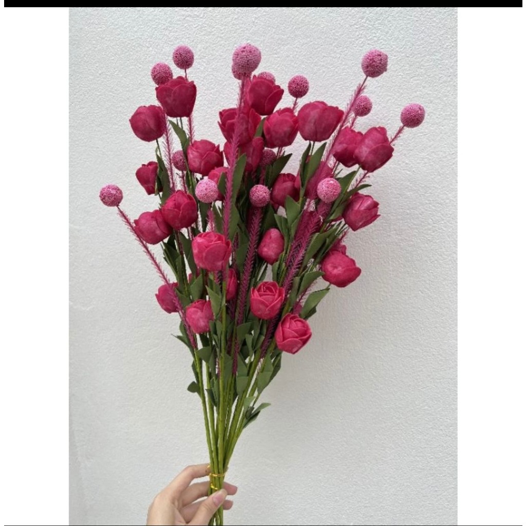 Hoa Giả - Hoa lụa – Cành Trà nụ xốp – Cành Hoa nụ hồng xốp giả cao cấp dài 65cm, 1 cành gồm 4 bông, 2 nụ cao cấp