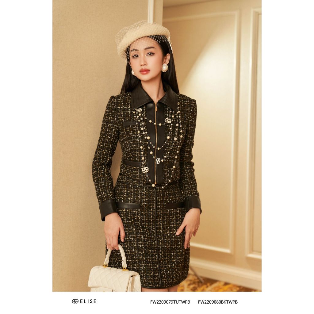 Chân váy dạ tweed đen kẻ phối da thiết kế Elise FW2209080BKTWPB