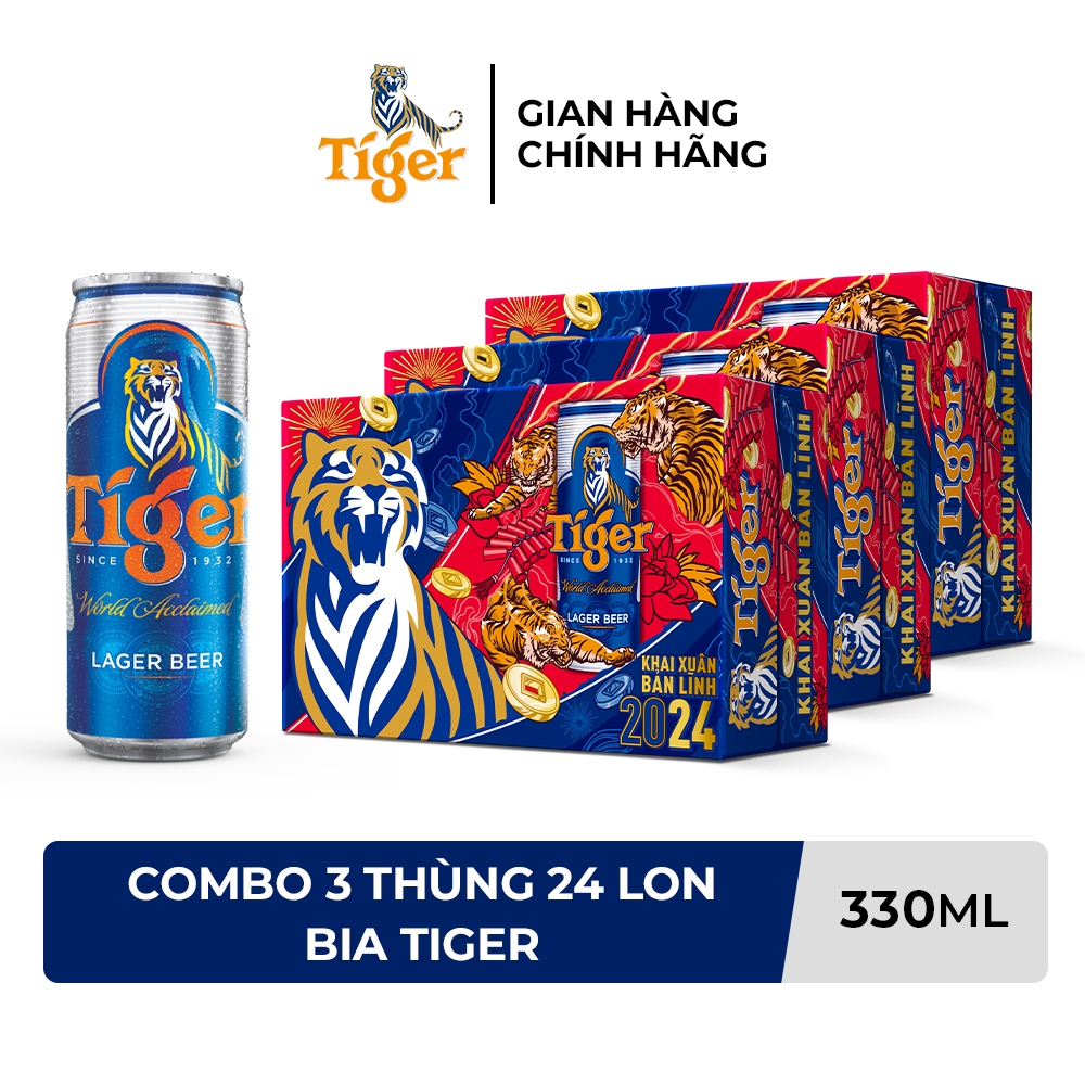 Nồng độ cồn 5% - Combo 3 Thùng 24 Lon Bia Tiger 330ml/Lon - Bao bì Xuân