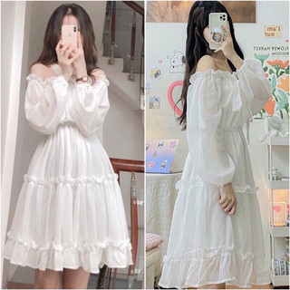 Váy trắng tiểu thư trễ vai tay bồng dáng dài hai lớp, đầm trắng dự tiệc nữ