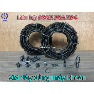 Dây thông tắc cống dùng máy khoan dài 9m + 6 đầu thông + kết nối máy khoan