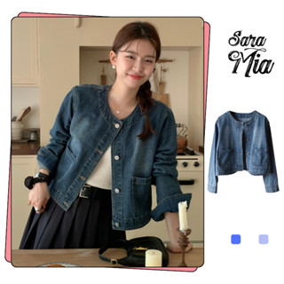 Áo khoác jean bò ngắn tay dài SARAMIA khoác denim croptop nữ cổ tàu form vừa Q3