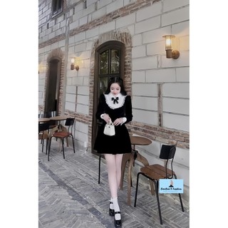 Đầm Nhung Phối Cổ Lụa Viền Ren (có lót)