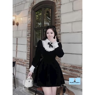 Đầm Nhung Phối Cổ Lụa Viền Ren (có lót)