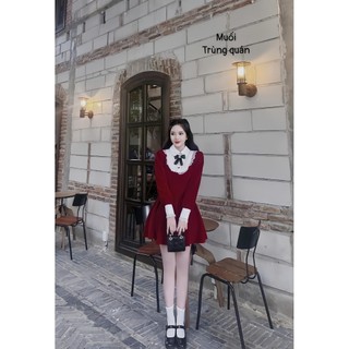 Đầm Nhung Phối Cổ Lụa Viền Ren (có lót)