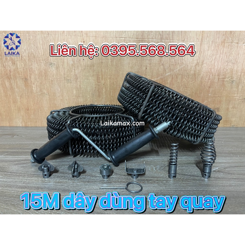 Dây thông tắc cống lò xo dùng tay quay dài 15m + 6 đầu thông + tay quay