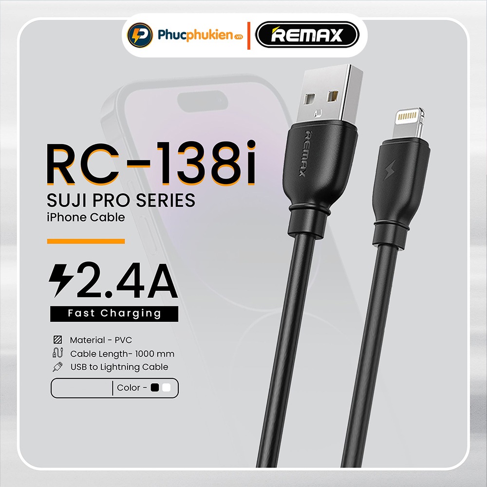 Dây sạc chính hãng Remax 138 hỗ trợ sạc nhanh 12w cho smart phone - Phúc Phụ Kiện Bảo hành 12 tháng 1 đổi 1