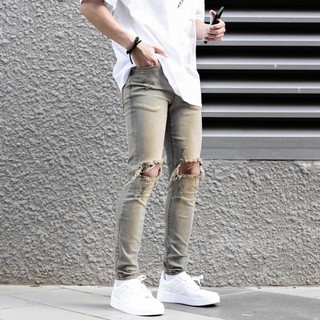 Quần Skinny Jeans Nam-Màu Xanh Bạc-Rách Gối To-Chất Liệu Cotton Co Giãn-Ống Đứng Dáng-Ống Ôm Chân Chuẩn Skinny