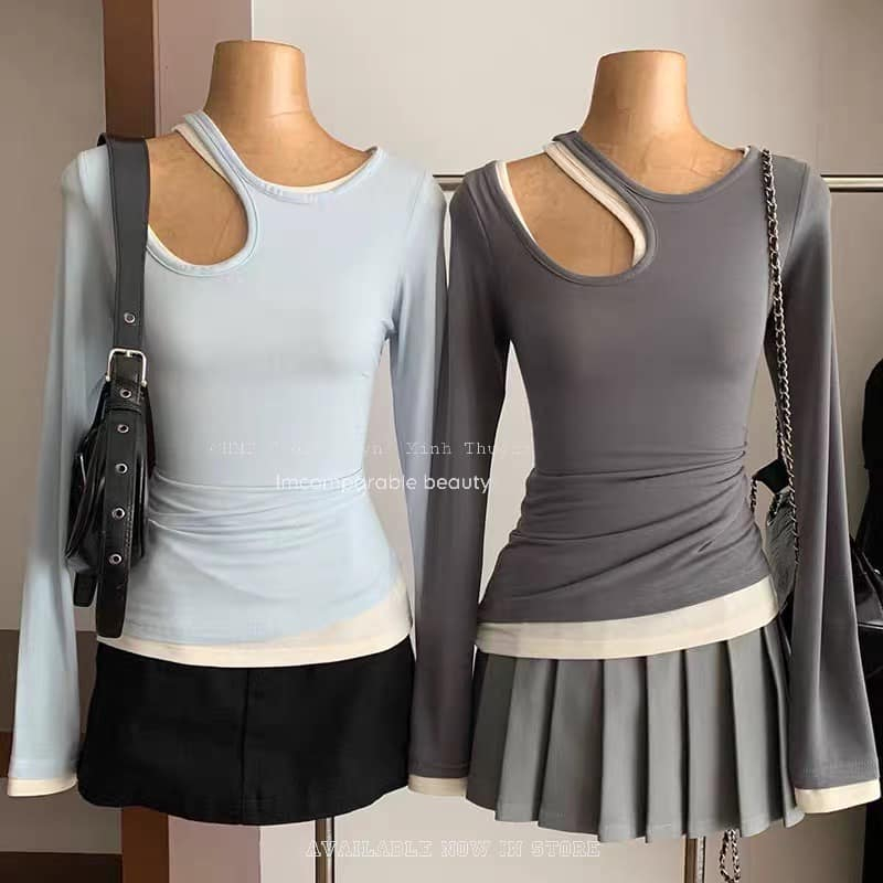 Áo tay dài phối kem khoét vai