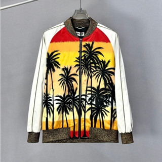 Áo Khoác Bomber Gió Nam Nữ SLR Zip Hoạ Tiết Hình Cây Dừa Hoàng Hôn Tay Trắng Bo Chun Đan Kim Tuyến Cho Các Boy Phố 2023