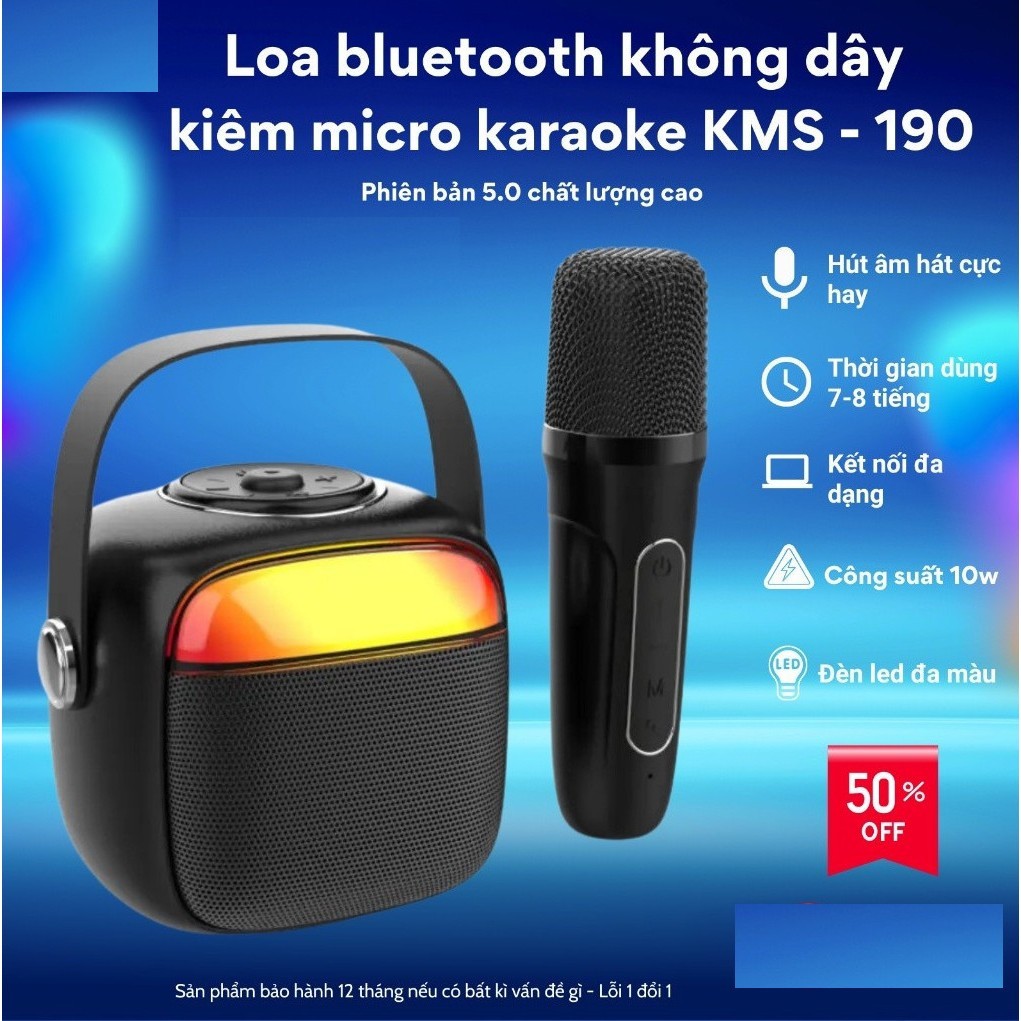 Loa karaoke mini bluetooth cầm tay KMS 190 GrownTech hỗ trợ cổng aux blutooth led chuẩn hãng công suất lớn