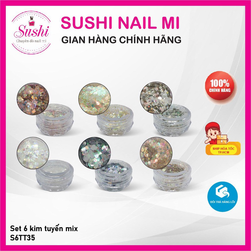 Set 6 nhũ kim tuyến -  chuyên dùng trang trí móng tay chân - Sushi nail mi