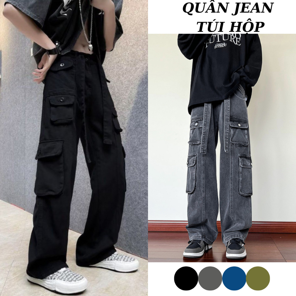 Quần jean túi hộp nam nữ ống suông rộng phom suông kèm dây đai Hiphop,Quần túi hộp kaki Cargo pant MIAA chất vài dày dặn