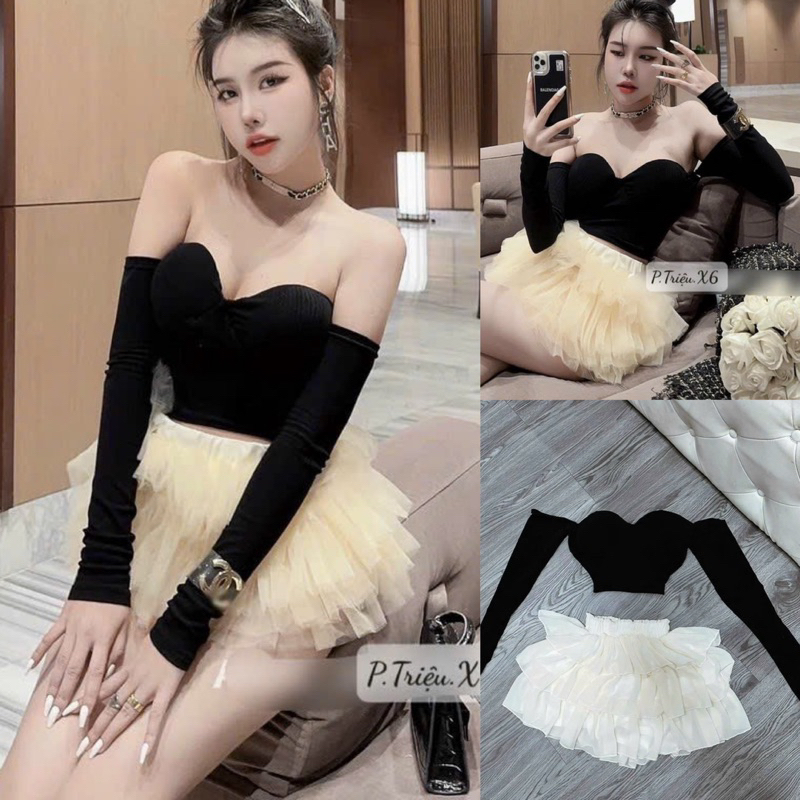 Set Áo Cúp Trễ Vai Tay Dài Croptop + Chân Váy Tầng Có Lót Quần Chất liệu : - thun dẻo uni - tơ