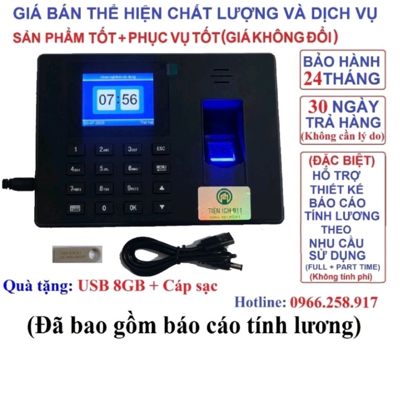 Máy Chấm Công Vân Tay 911 - Shop Sẽ Gọi Trực Tiếp Hỗ Trợ Tính Lương Fulltime + Partime - Tặng USB(8GB) Tiện ích 911 . .