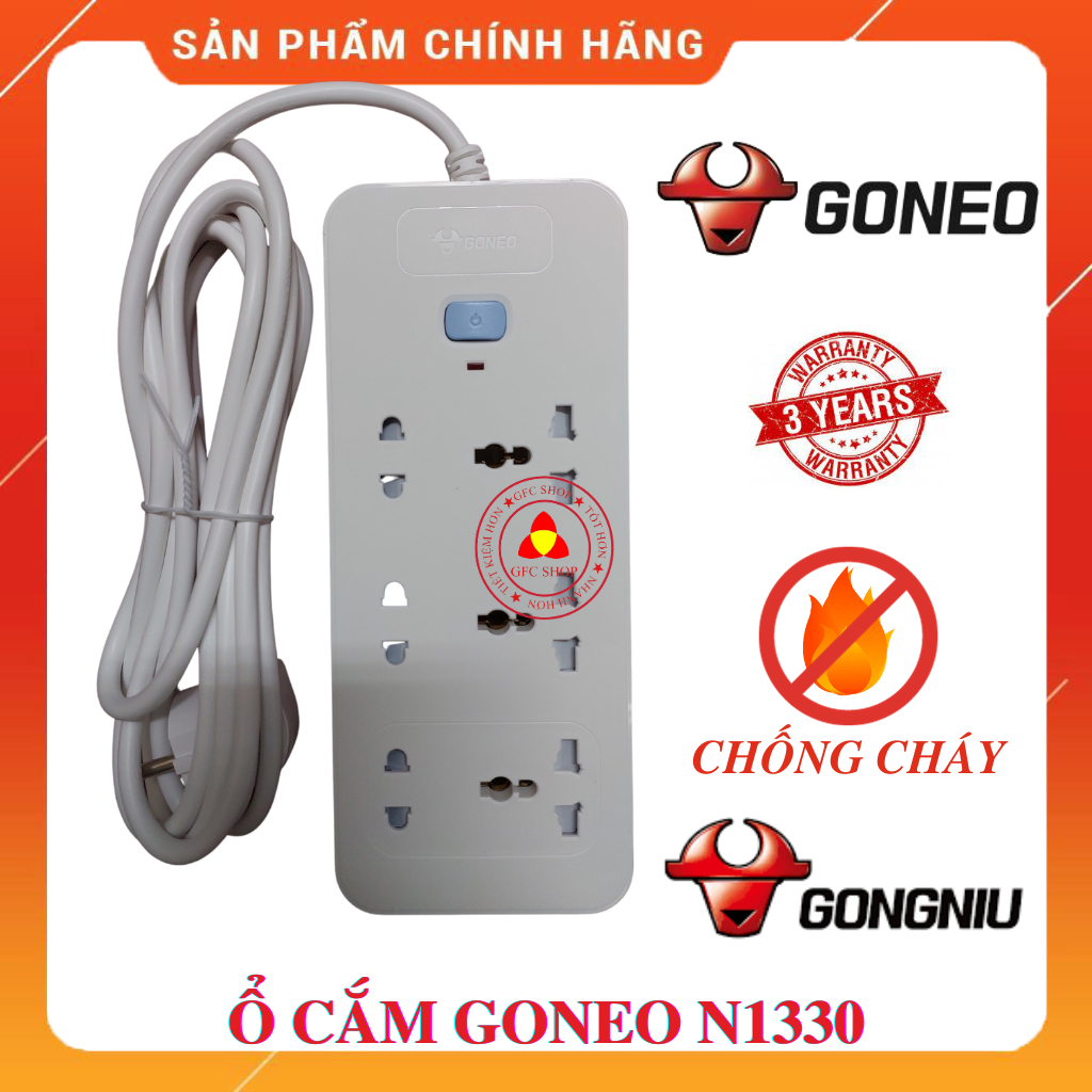 Ổ Cắm Điện Gongniu GONEO N1330 6 Ổ Đa Năng 1 Công Tắc - Dây 3m hoặc 5m - Công Suất 10A/250/2500W – Trắng