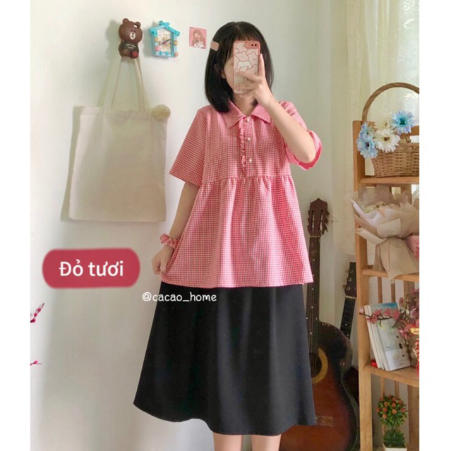 Áo sơ mi babydoll tay ngắn caro nhiều màu tặng cột tóc cùng màu áo