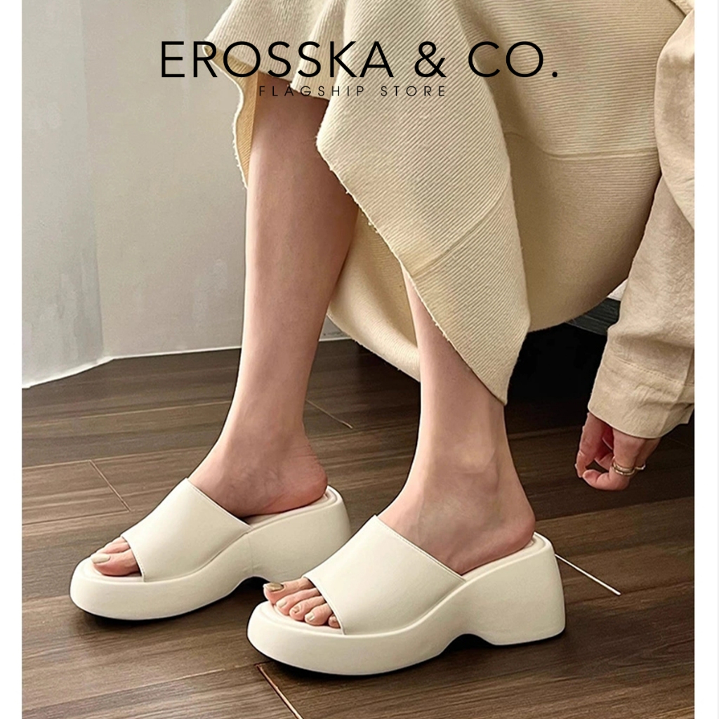 Erosska - Dép nữ thời trang quai ngang đế xuồng trẻ trung cao 8cm màu kem - SB032