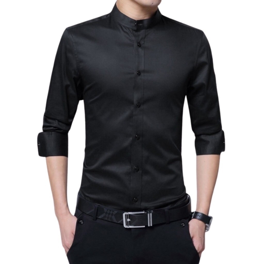 Ao sơ mi cổ trụ nam màu đen thời trang phong cách Hàn Quốc vải cotton lụa chống nhăn