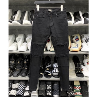 Quần jean bò nam slimfit Amiri đen gối rách xước vá vải nhăn phối khoá zip ống chân phong cách streetwear hot trend