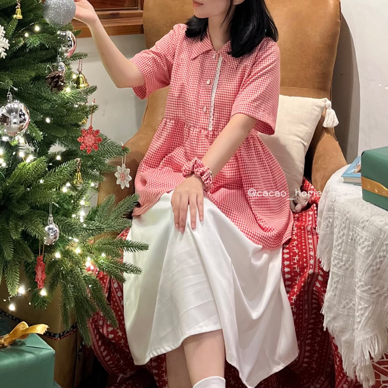Áo sơ mi babydoll viền ren tay ngắn caro nhiều màu tặng cột tóc cùng màu áo